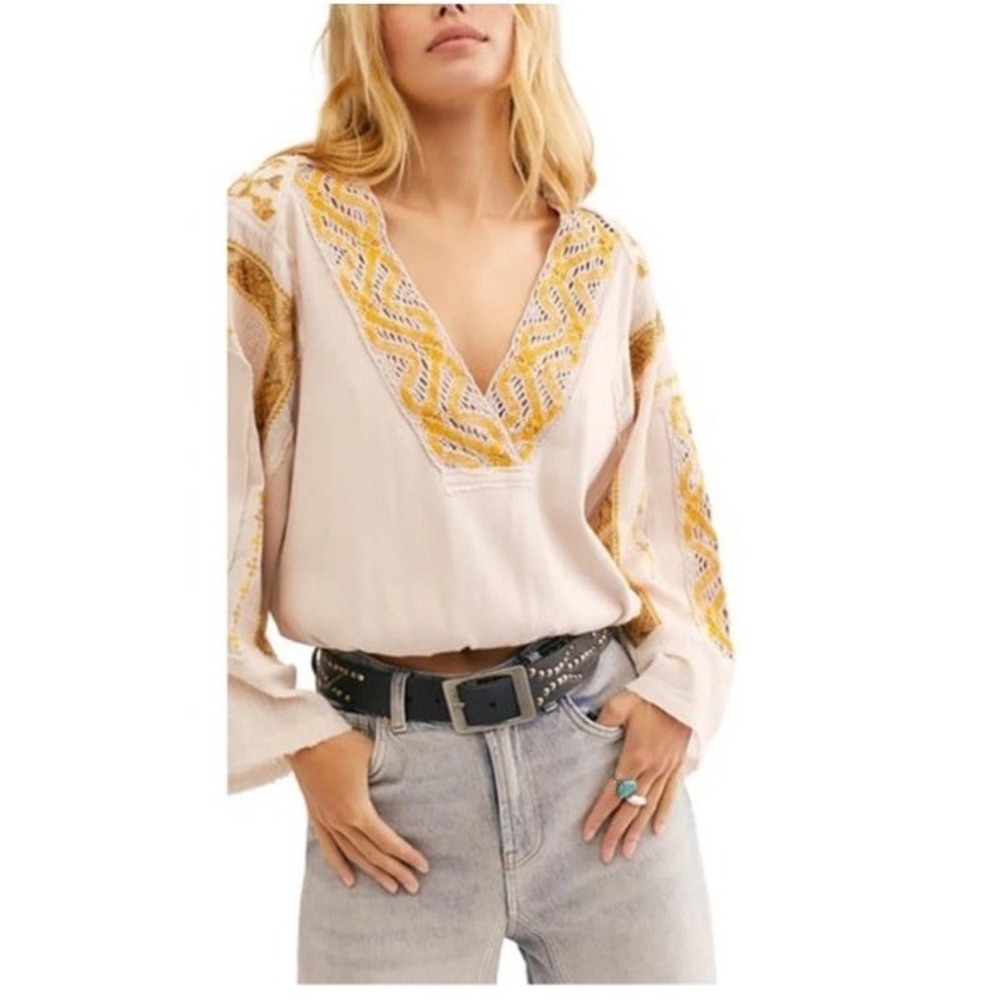 Free People Cross Country Embroidered Lace Top Size L Bohemian Farmhouse Fall